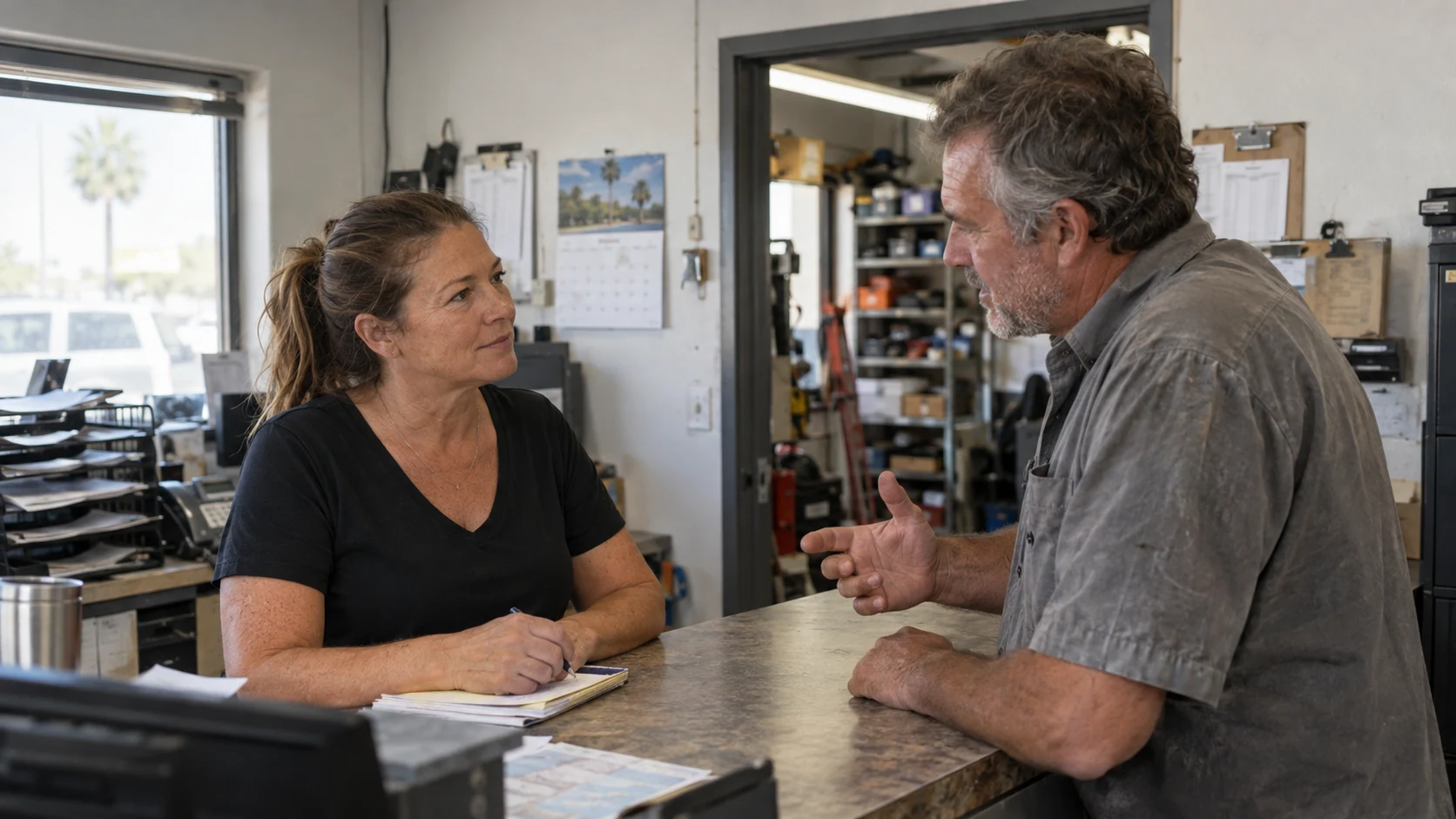 A business owner and technician discussing the work together.