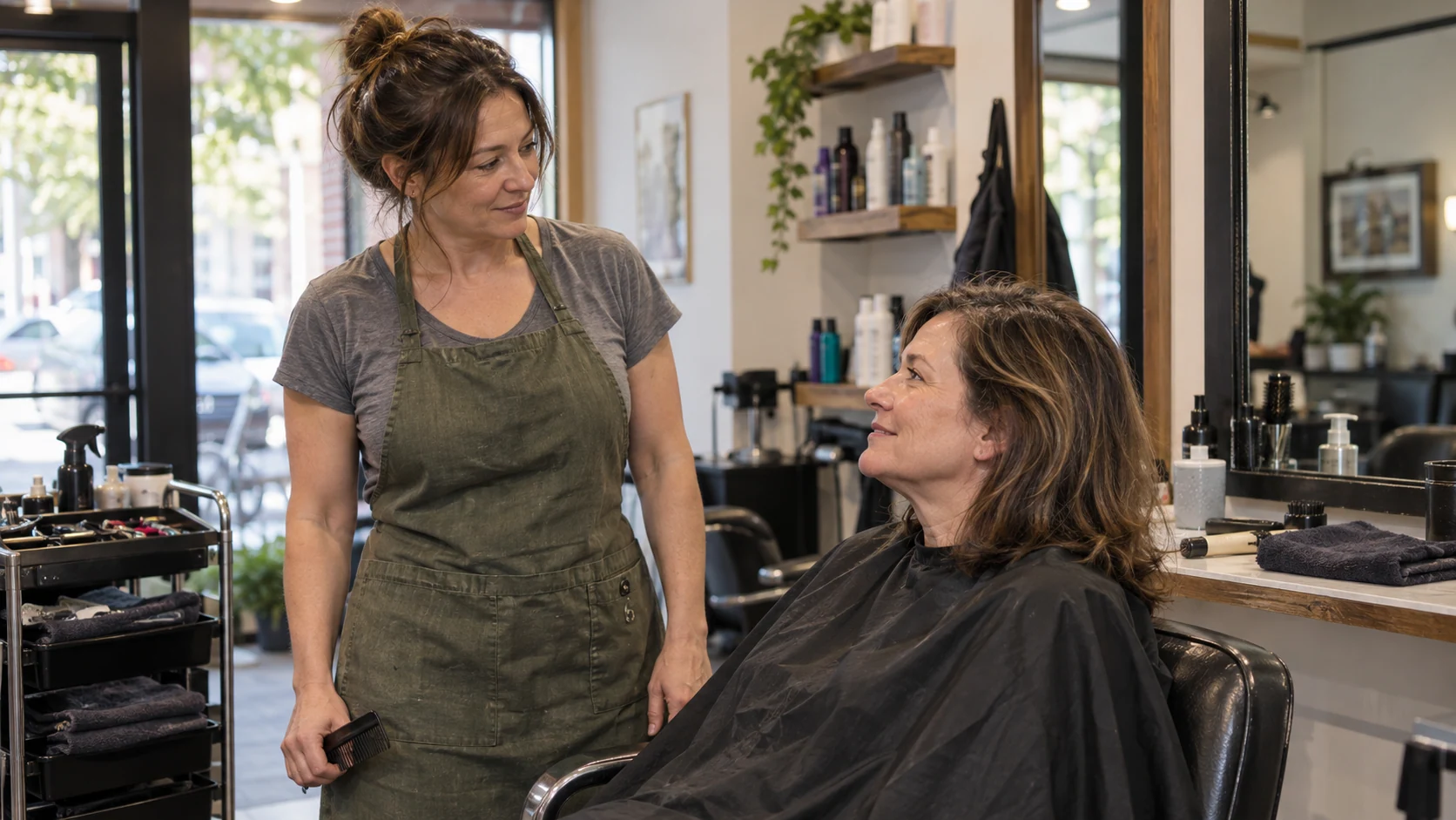 A stylist listening to a seated customer during a consultation in a neighborhood salon.