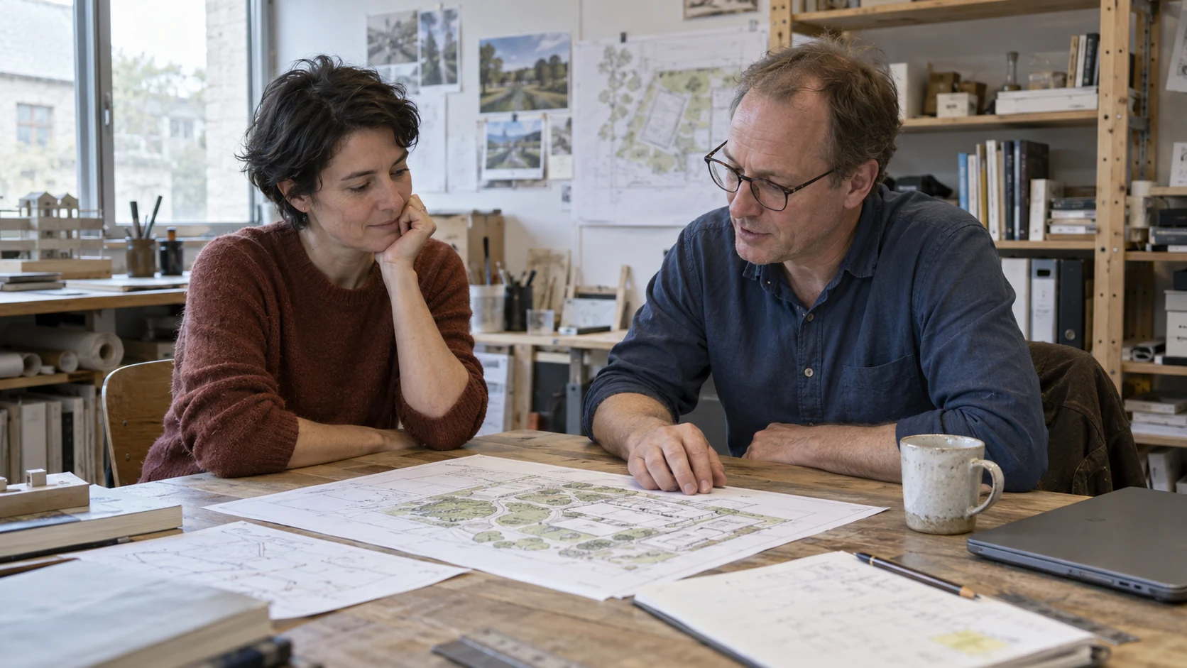 Two people reviewing project plans together at a studio worktable.